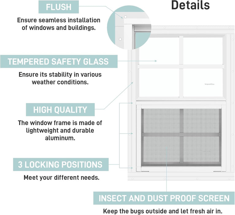 2 Pack Shed Window, 12" W X 18" H Flush Mount Window with Tempered Glass for Sheds, Chicken Coops, Garage and Playhouse (White)
