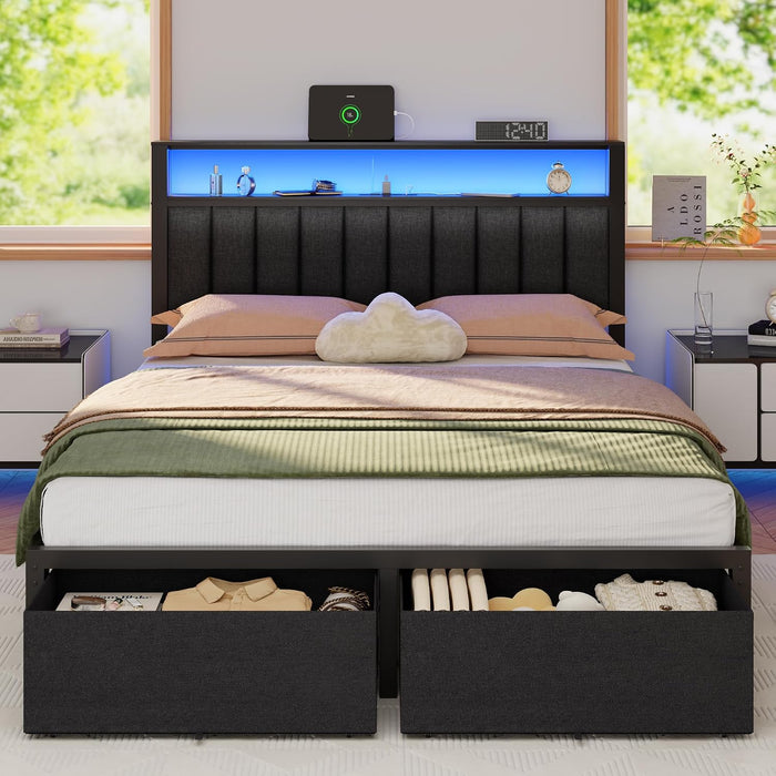 Queen Bed Frame with Storage Drawers and Upholstered Headboard