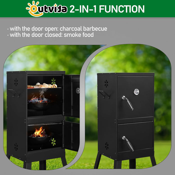 Outdoor Smoker with Double Doors, Vertical Charcoal Smoker, Outdoors Charcoal Barbeque with 2 Detachable Grill Netting Smoking Racks, Suitable for Lawn Picnic, Backyard BBQ, Black