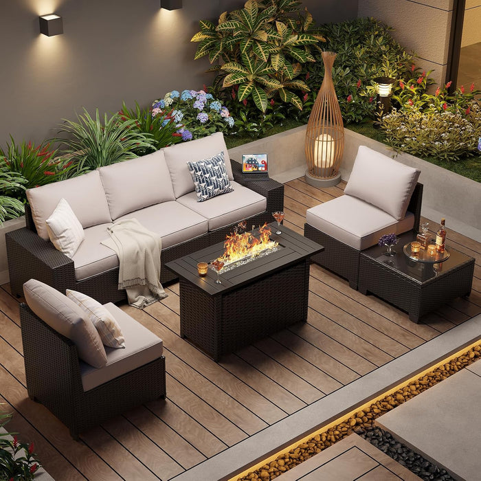 Outdoor Patio Furniture Set with 44'' Fire Pit Table, 7 Pcs Outdoor Sectional with 4In Thicken Cushion, Widen Armrests Wicker for Backyard, Grey