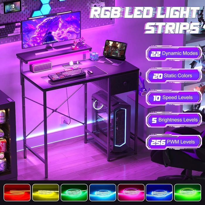 33.5" Small Gaming Desk with LED Lights & Power Outlets, Compact Computer Desk with Monitor Stand & CPU Stand, Gamer Table with Storage Drawer, Side Hooks for Home Office, Bedroom, Black