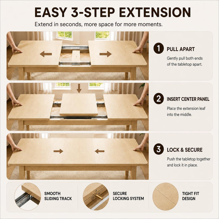 63"-83" Extendable Dining Table for 6-8 People, Natural Oak