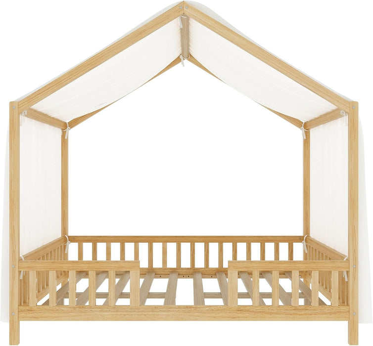 Full Montessori Floor Bed With Canopy NaturalWalnut