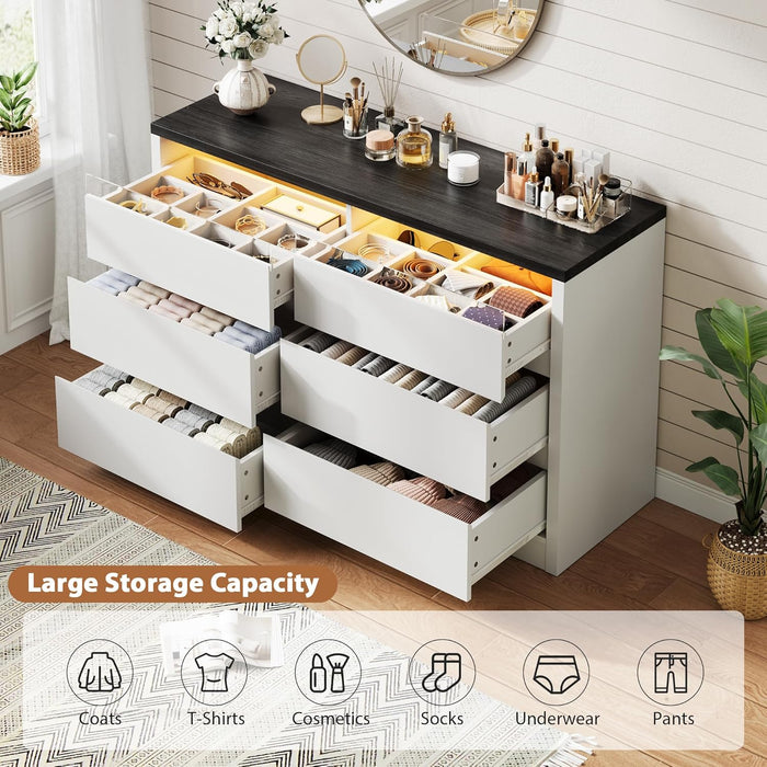 Modern LED 6 Drawer Dresser for Bedroom, White Large Chest of Drawers with Hidden Handles, Long Double Wooden Dresser Closet for Living Room, Entryway, Hallway - White