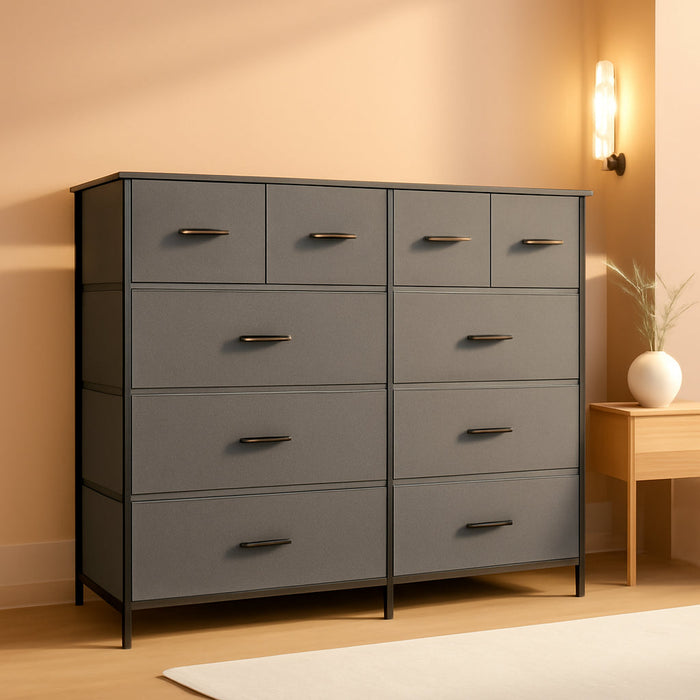 Fabric Dresser for Bedroom, Dresser with 10 Drawers, Storage Tower with Fabric Bins, Double Dresser, Chest of Drawers for Closet, Living Room, Hallway, Dark Grey