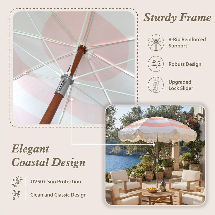 Upgraded Boho Fringe Umbrella, 6.5Ft Canvas Umbrella