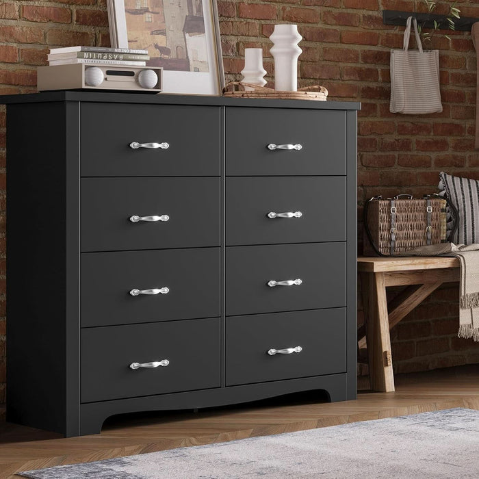 Modern 8 Drawer Dresser for Bedroom, Tall Bedroom Dresser with Large Drawers and Metal Handles, Wooden Chest of Drawers, Storage Cabinet and Organizer for Living Room, Hallway, Black