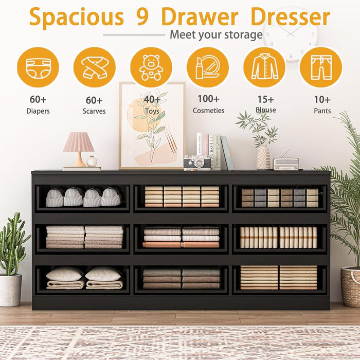 70Inch Black Dresser With Integrated Outlets Bedroom