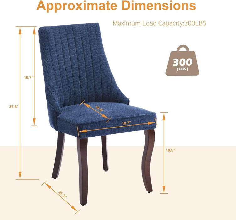 Linen Dining Chairs Set of 4,Comfy Fabric Upholstered Accent Chairs for Kitchen Living Room,Channel Tufted Dining Room Chairs with Curved Solid Wood Legs(Blue)