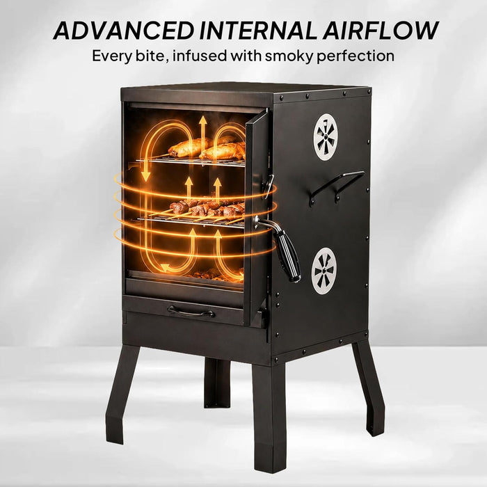 Outdoor Smoker with Door, Vertical Charcoal Smoker, Outdoors Charcoal Grill with 2 Detachable Grill Netting Smoking Racks, Suitable for Lawn Picnic Backyard BBQ, Small Families, Black