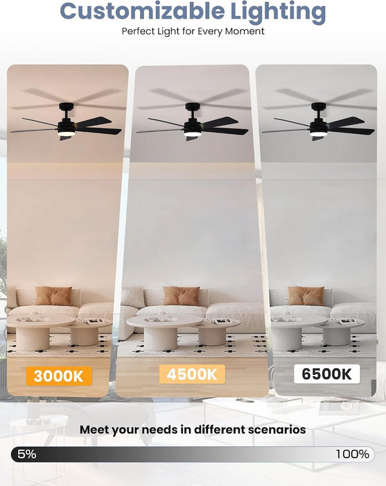 48 Inch Ceiling Fans with Lights and Remote, Downrod Mount, Sloped Ceiling Compatible up to 15°, Quiet Reversible DC Motor, 3CCT Dimmable LED, Black Ceiling Fan for Bedroom Living Room