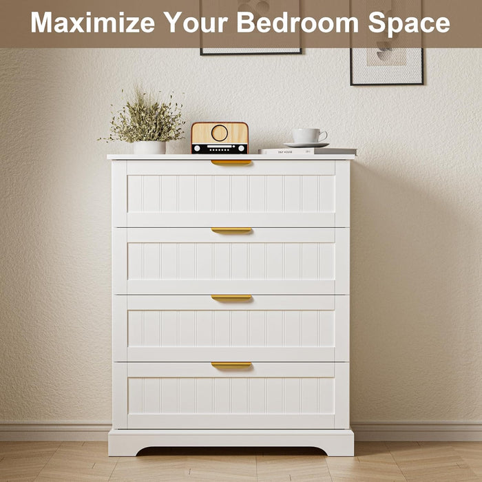 4 Drawer Dresser for Bedroom, Modern Farmhouse Wood Chest of Drawers with Metal Handles, Spacious Storage Drawers for Closet, Living Room, Entryway, White