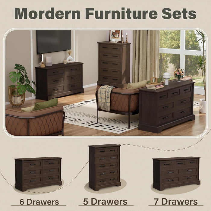 Dresser for Bedroom, Farmhouse 6 Drawers Dressers, Brown