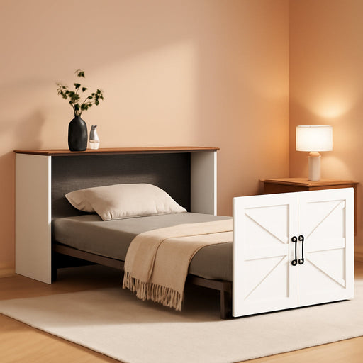 Twin/Full Size Murphy Bed Cabinet with Mattress, Hideaway Foldable Beds Space-Saving Pull Out Wooden Murphy Bed Chest for Small Room Home Office Guest Room Bedroom Living Room Walnut+White