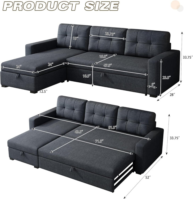 Storage Sectional Sofa Bed Dark Grey, L-Shaped, 81.5"