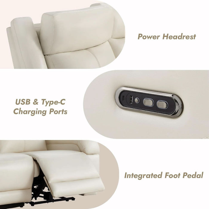 Genuine Leather Power Recliner Sofa, 3 Seater Wall Hugger Reclining Sofas with Power Headrest, USB & Typec Ports, Electric Recliner Couch Set for Living Room, Cream