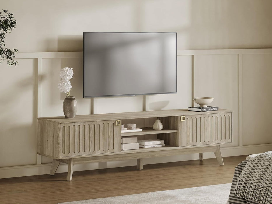 Modern TV Stand for 65/75/80 Inch TV, Long 70" TV Stand Entertainment Center with 2 Storage Cabinets, Fluted-Door Media TV Console Credenza Table for Living Room, Hallway, Light Oak