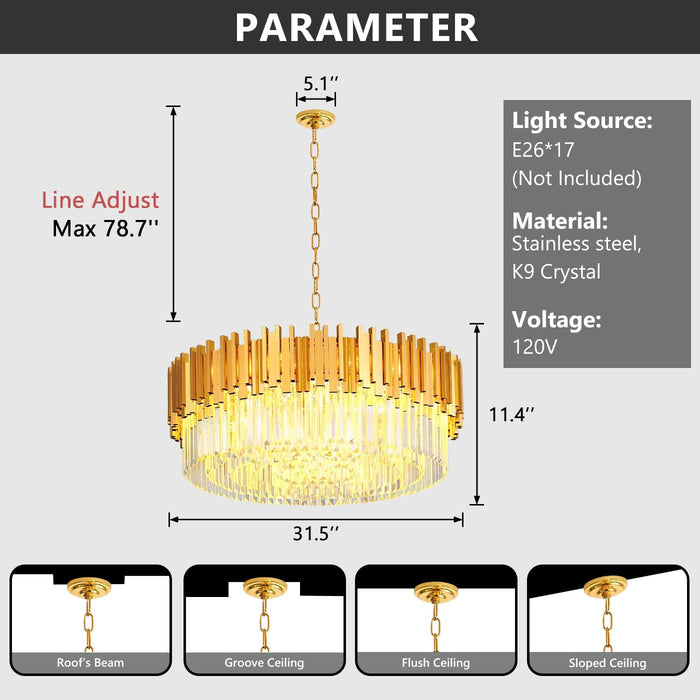 32" Large Crystal Chandelier Dining Room 1 Tiers Light Fixtures Chandelier round Chandeliers for Living Room Kitchen Island Foyer Entryway Gold