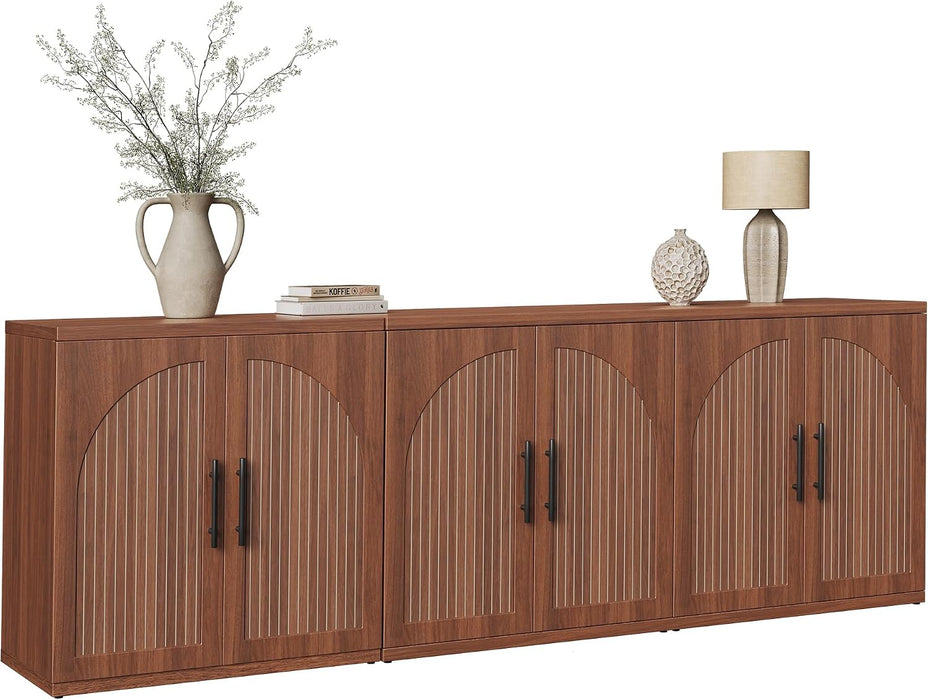 63" Fluted Buffet Cabinet with Storage, Mid-Century Symmetrical Arched Sideboard Credenza with Adjustable Shelf, Large Wood Console Table for Dining Room, Kitchen, Living Room (Warm Walnut)