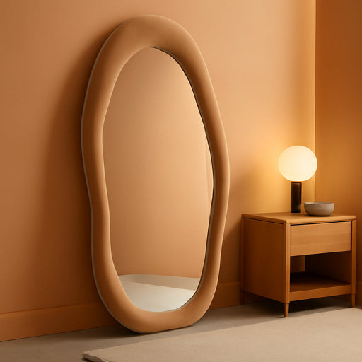 Full Length Mirror, 63" X 24" Wall Mirror, Flannel Wrapped Wooden Frame Floor Mirror, Irregular Wavy Mirror Hanging or Leaning against Wall for Cloakroom/Bedroom/Living Room, Milk Tea