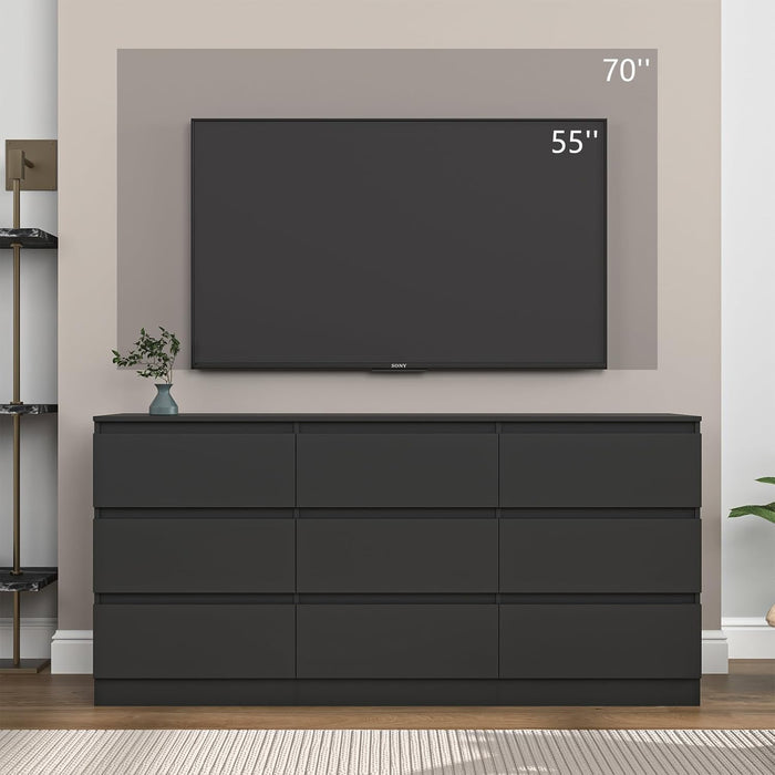 Black 9 Drawer Dresser for Bedroom, Long Dresser with Deep Drawer,Modern Wide Wood Storage Chest of Drawer, Bedroom Storage Furniture,Tv Stand for Living Room
