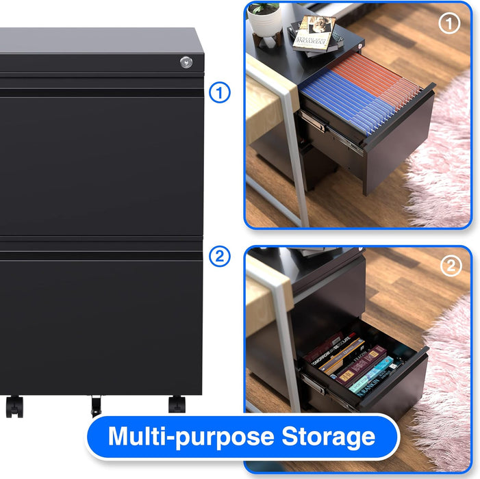 2 Drawer Vertical File Cabinet with Lock, Mobile Metal Filing Cabinet for Legal/Letter Size, Office Storage File Cabinet under Desk, Fully Assembled except Wheels, Black