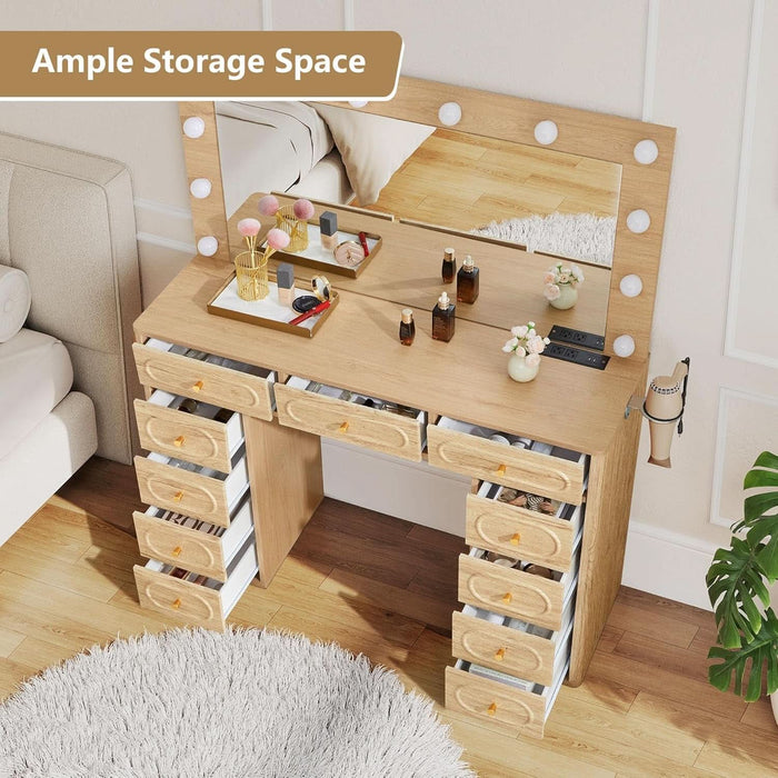 Fluted Vanity Desk with Mirror and Lights, Power Outlets, Modern Wood Vanity Desk Makeup Table with 11 Drawers, 3 Color Modes Dressing Table with Storage for Bedroom, Living Room, Natural