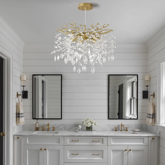 Gold Tree Branch Crystal Chandelier 18-Inch, Crystal Chandelier for Dining Room 6-Light, Hanging round Raindrop Chandeliers for Living Room E12