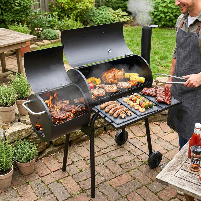 BBQ Charcoal Grill, Outdoor Heavy Duty Cooker Oven Barbecue Grill with Offset Smoker & Thermometer, Wheels and Tray for Patio Balcony Picnics, Party and Camping