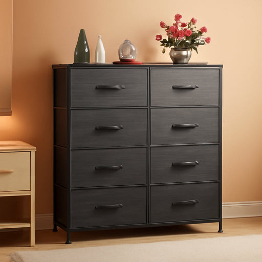 Tall Fabric Dresser for Bedroom with 8 Drawers, Storage Tower with Bins, Double Dresser, Chest of Drawers for Closet, Living Room, Hallway, Charcoal Black Wood Grain Print
