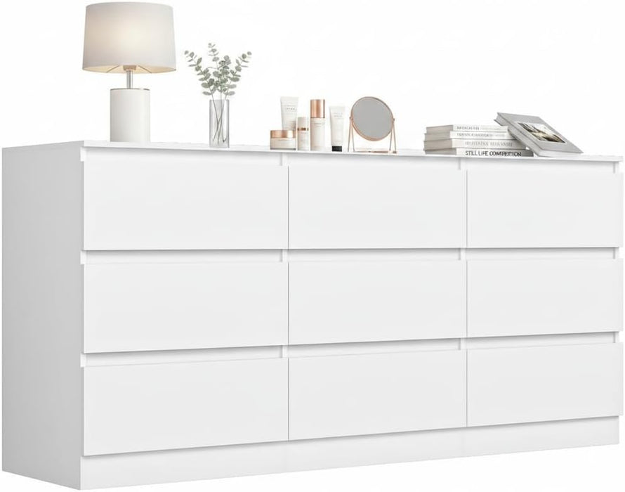 White 9 Drawer Dresser for Bedroom,Modern Deep Drawer Dresser with No-Handle Design,Wide Storage Chest of Drawers,Wood Bedroom Storage Organizer Furniture for Closet,Hallway