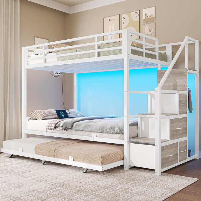 White Twin Over Twin Metal Bunk Bed Frame Trundle