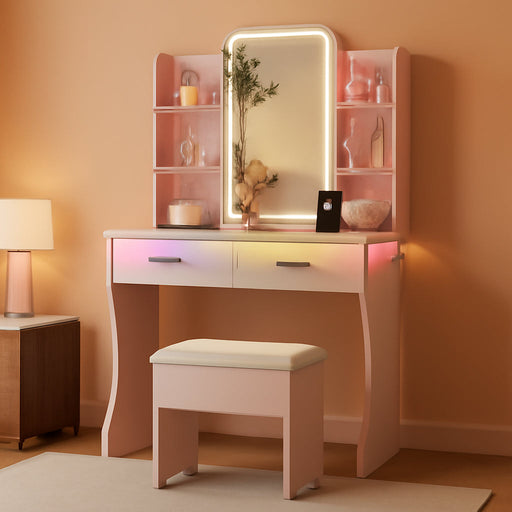 Small Vanity Desk with Mirror and Lights, Makeup Vanity with LED Lights, Pink Vanity Mirror with Lighted Desk and Chair, 3 Lighting Adjustable Compact Dressing Table with Mirror for Women, Girls