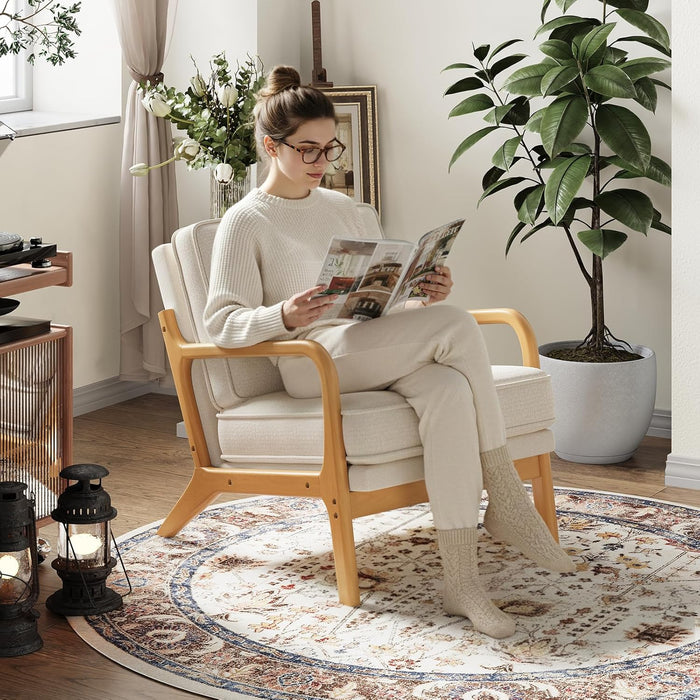 Beige Mid Century Upholstered Armchair Lumbar Pillow