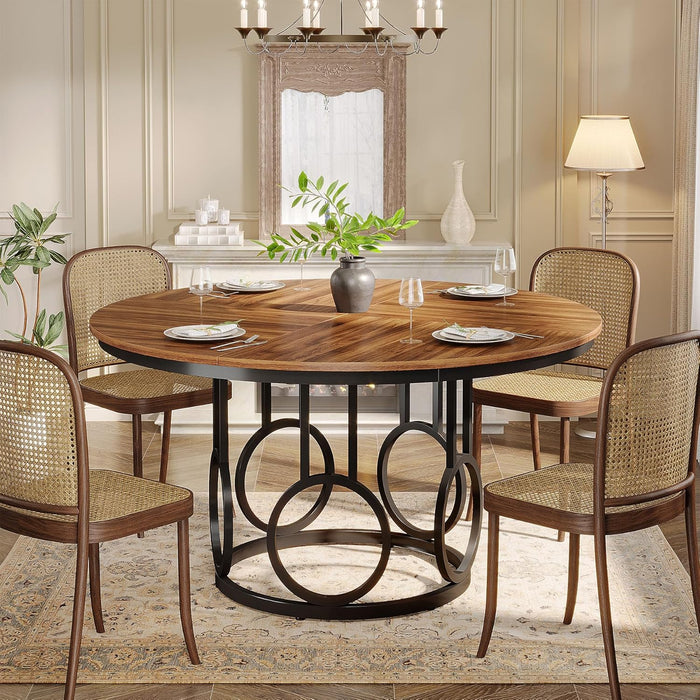 47-Inch round Dining Table, Wood Kitchen Table with Sturdy Metal Base for 4-6 People, Large Circle Dinner Table for Dining Room, Kitchen, Living Room (Brown & Black, Only Desk)