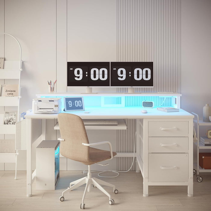 Gaming Desk with LED Lights and Power Outlets, 47 Inch Home Office Desks with Keyboard Tray, White Computer Desk with File Drawers Cabinet, Writing Table PC Desks with Monitor Stand, White
