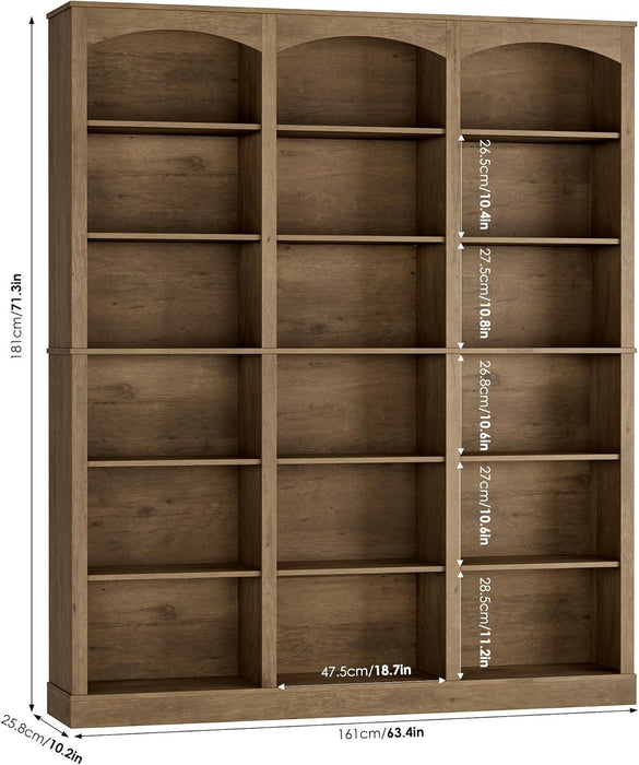 71" Triple Wide Bookshelf, 6 Tier Tall Bookshelf, Large Arched Bookcase with Curved Baffle, 63.4" Wide Book Shelf with 18 Open Display Shelves for Living Room, Study, Phoebe Zhennan