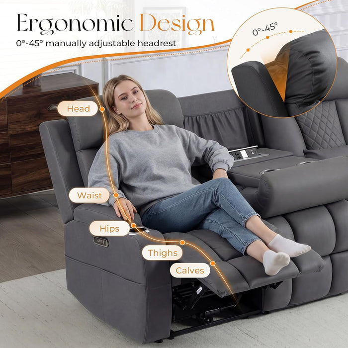 with Adjustable Headrest, Zero Wall Hugger Reclining Couch RV Loveseat Recliner Sofa with Charge Device &Drop down Table (Dark Gray, Sofa)