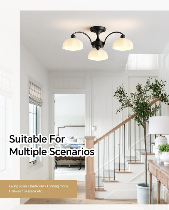 Milk Glass Chandelier Farmhouse Rustic Semi Flush Mount Ceiling Lamp Frosted White Globe Pendant Light Mid Century Modern Wood Grain Chandelier Sputnik Ceiling Light (3- Light- Black)