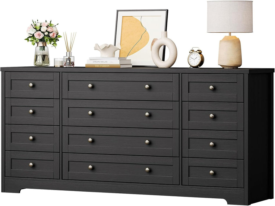 12-Drawer Dresser, Modern Wooden Storage Chest of Drawers, Wide Dresser TV Stand for 65 Inch TV, Large Wood Drawer Organizer for Bedroom, Living Room, Hallway, Black