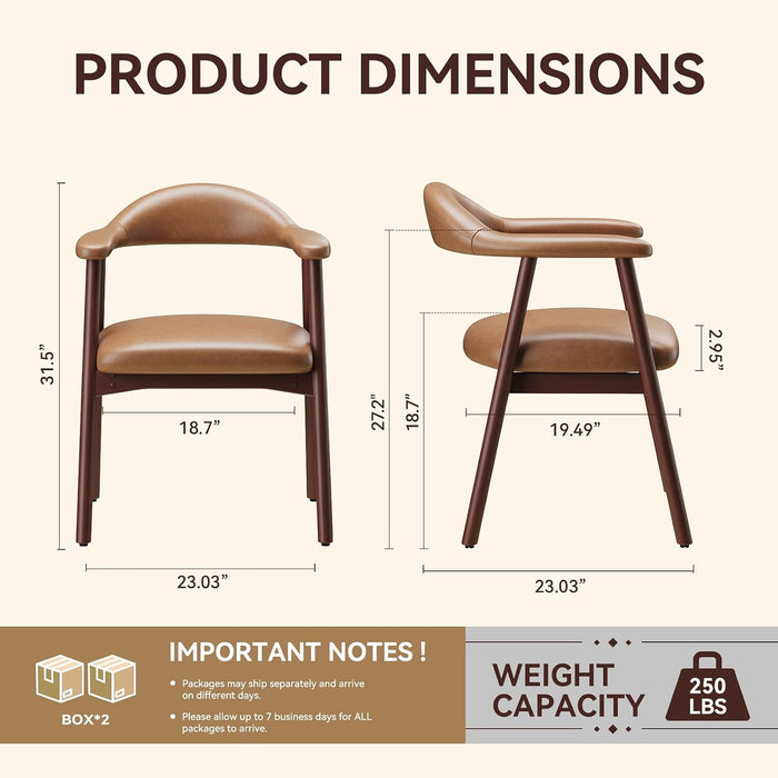 Leather Dining Chair with Armrest Set of 4, Upholstered Dining Room Chair with Curved Back and Wood Legs, Mid Century Modern Kitchen Chairs for Kitchen Dining Room,Brown