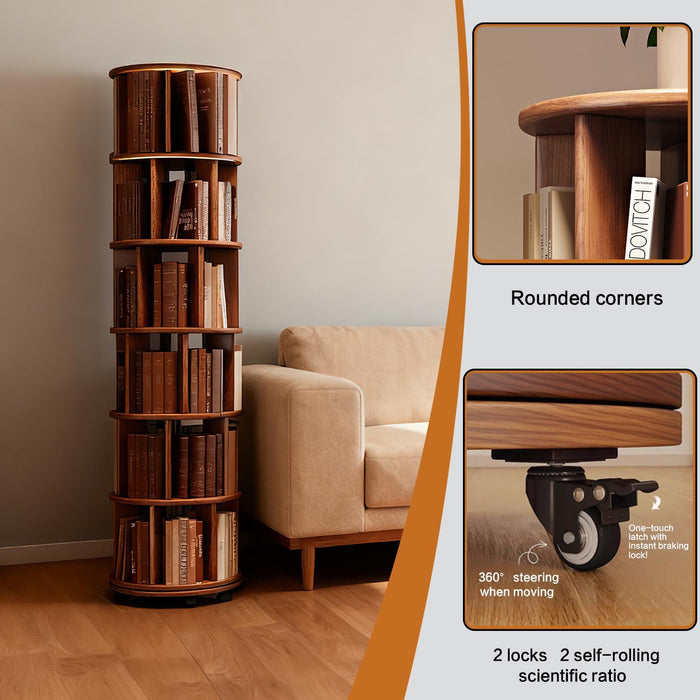 Six Tier Rotating Rubberwood Bookshelf Walnut Finish