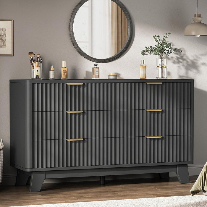 Fluted 6 Drawer Dresser for Bedroom, Modern Chest of Drawers with Metal Handle, Wooden TV Stand with Curved Profile Design, Closet Clothes Storage Organizer for Living Room/Hallway (Black)