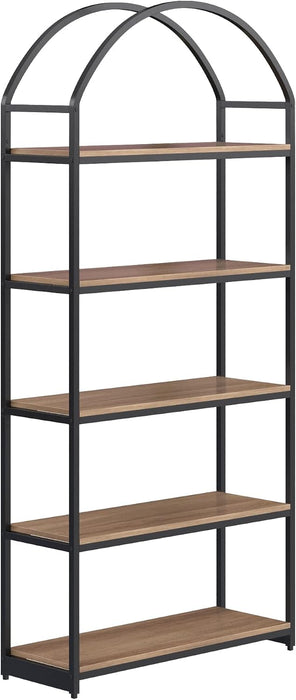 Nathan James Haven Etagere Bookshelf, 5-Shelf Bookcase in Oak Wood and Black Metal Frame with Arch Top and Open Shelves, Oak/Black, Set of 2