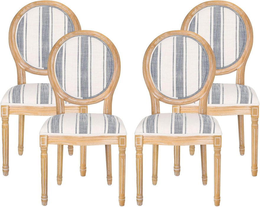 Phinnaeus Dining Chair Set, Set of 4, Wood, Dark Blue Stripes + Light Beige + Natural