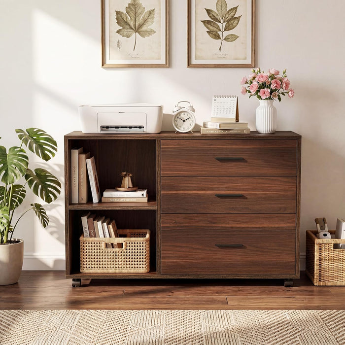 39-Inch Walnut Rolling File Cabinet With Compartments