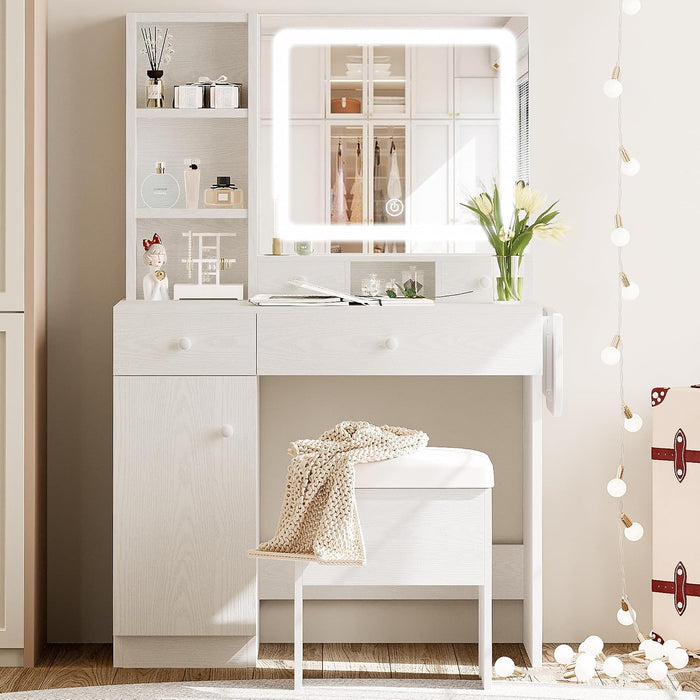 White Vanity Desk Illuminated Mirror Storage Cabinet