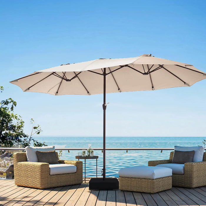 15Ft Large Patio Umbrella with Base, Outdoor Rectangle Umbrella Double-Sided Market Umbrella with Stand for Pool, Deck, Backyard and Garden, Beige