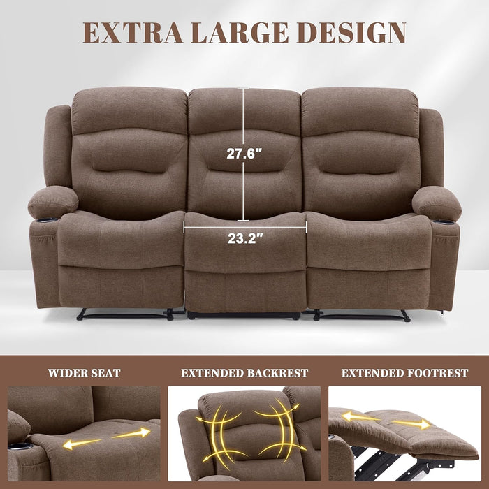 Oversized Recliner Sofa with Heat and Massage, Wall-Hugger Reclining Sofa with Cup Holders and USB Port, Big Large 3-Seater RV Recliner Couch Sofa for Living Room (Fabric, Brown)