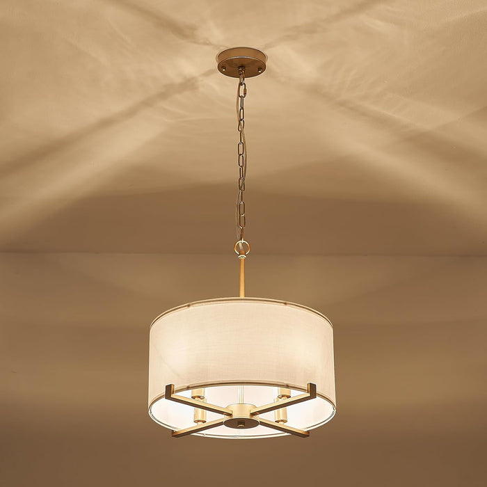 Modern Drum Chandelier 18” White and Gold Pendant Light Fixture round Fabric Shade 4 Lights Semi Flush Mount Hanging Ceiling Chandelier for Dining Room Bedroom